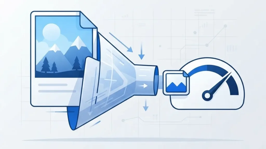 Illustration showing web page image optimization with performance metrics and search ranking icons