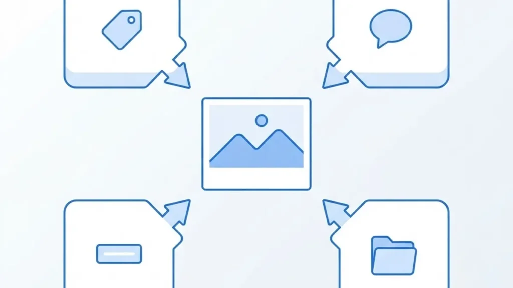 Diagram illustrating the differences between alt text, title text, captions, and file names in HTML code.