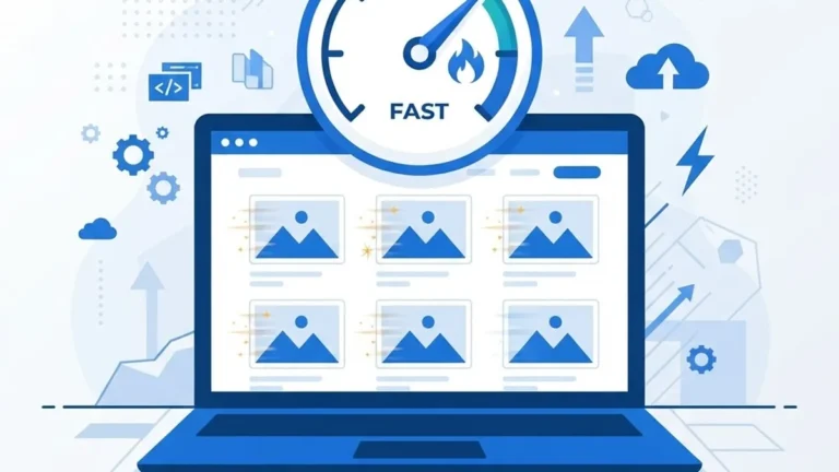 Technical vector illustration of WordPress image optimization dashboard with speed metrics and search optimization badges